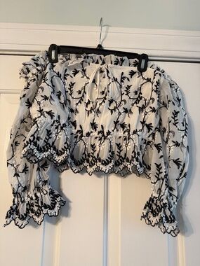 MAJORELLE Black and White Embroidered Off-Shoulder Crop Top